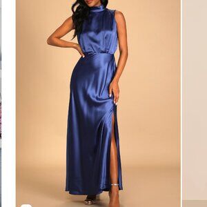 Lulus Satin Sleeveless Mock Neck Maxi Dress - Blue